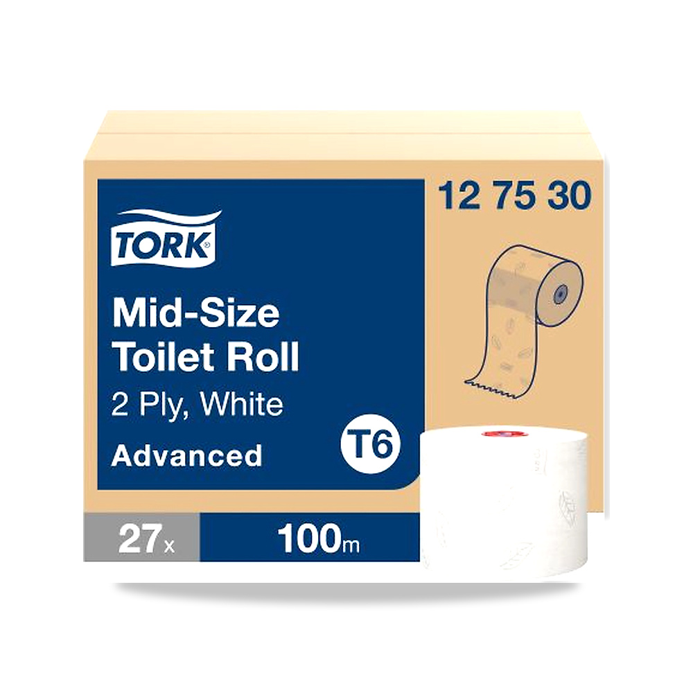 صورة منتج مناديل رول حمام وورق تواليت وتنشيف 132 مم 35 مم 100 متر Tork موديل 127530 – الطول 100m – المقاس Mid Size - كود الصنف reemco-2027-0036541 - ماركة يباع من خلال reemco - توريد وتصوير حصري لشركة ريمكو القابضة السعودية
