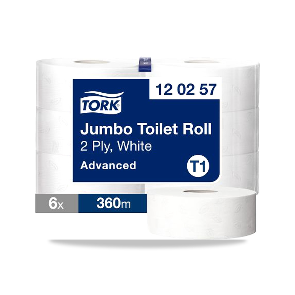 صورة منتج مناديل رول حمام وورق تواليت وتنشيف أبيض 59 مم 360 متر Tork موديل 120257 – الطول 360m – المقاس Jumbo - كود الصنف reemco-2027-0042200 - ماركة يباع من خلال reemco - توريد وتصوير حصري لشركة ريمكو القابضة السعودية