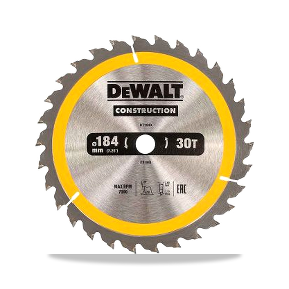 صورة منتج منشار دائري كهربائي شفرة وسلاح قطع 184 مم DeWALT موديل DT1940-QZ – 16 مم – نوع الخامة Tungsten Carbide - كود الصنف reemco-2027-0227817 - ماركة يباع من خلال reemco - توريد وتصوير حصري لشركة ريمكو القابضة السعودية