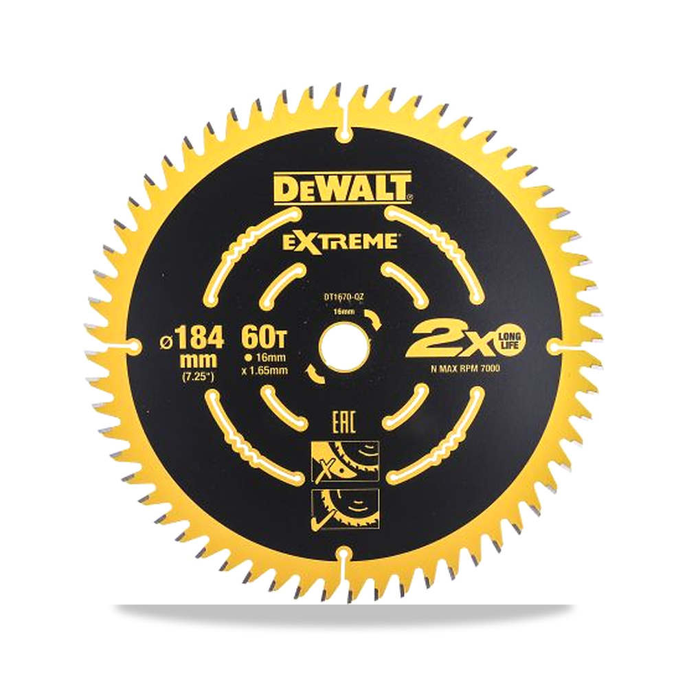 صورة منتج منشار دائري كهربائي خشب شفرة وسلاح قطع 184 مم DeWALT موديل DT1670-QZ – نوع الخامة Carbide - كود الصنف reemco-2027-0239115 - ماركة يباع من خلال reemco - توريد وتصوير حصري لشركة ريمكو القابضة السعودية