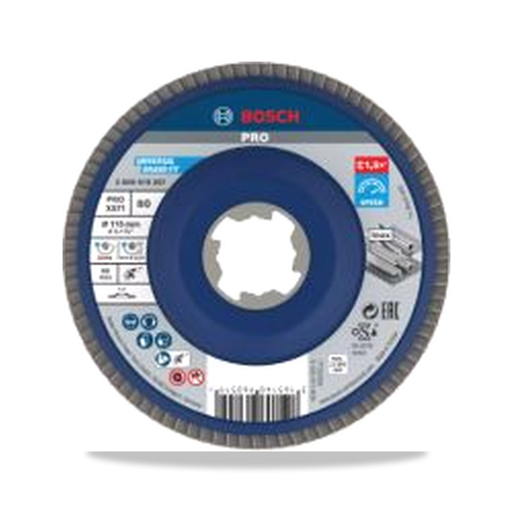 صورة منتج قرص صنفرة وتجليخ مروحية (Flap Disc) قفل أمان ألومنيوم 115 مم Bosch موديل 2608619207 – نوع الخامة Zirconia Aluminium – المقاس 80 μm - كود الصنف reemco-2027-0265582 - ماركة يباع من خلال reemco - توريد وتصوير حصري لشركة ريمكو القابضة السعودية