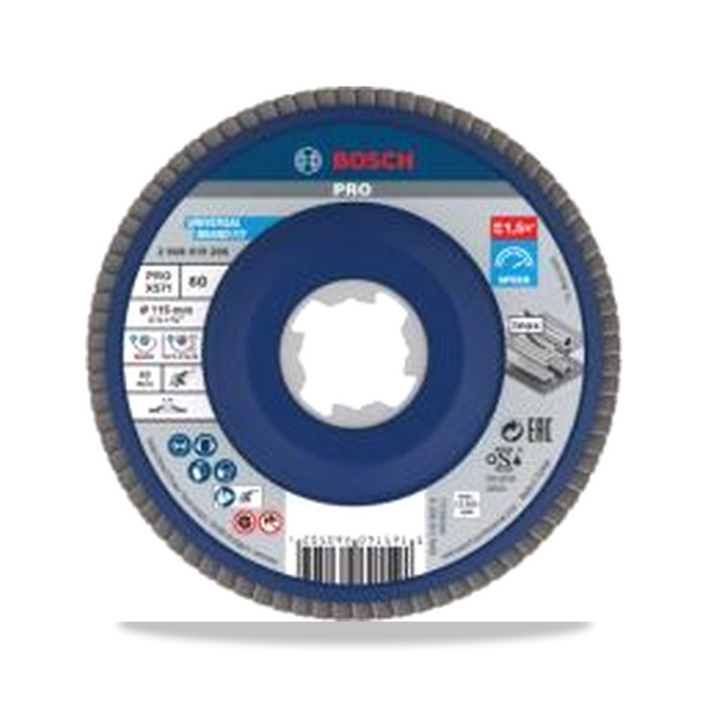 صورة منتج قرص صنفرة وتجليخ مروحية (Flap Disc) قفل أمان ألومنيوم 115 مم Bosch موديل 2608619206 – نوع الخامة Zirconia Aluminium – المقاس 60 μm - كود الصنف reemco-2027-0265583 - ماركة يباع من خلال reemco - توريد وتصوير حصري لشركة ريمكو القابضة السعودية