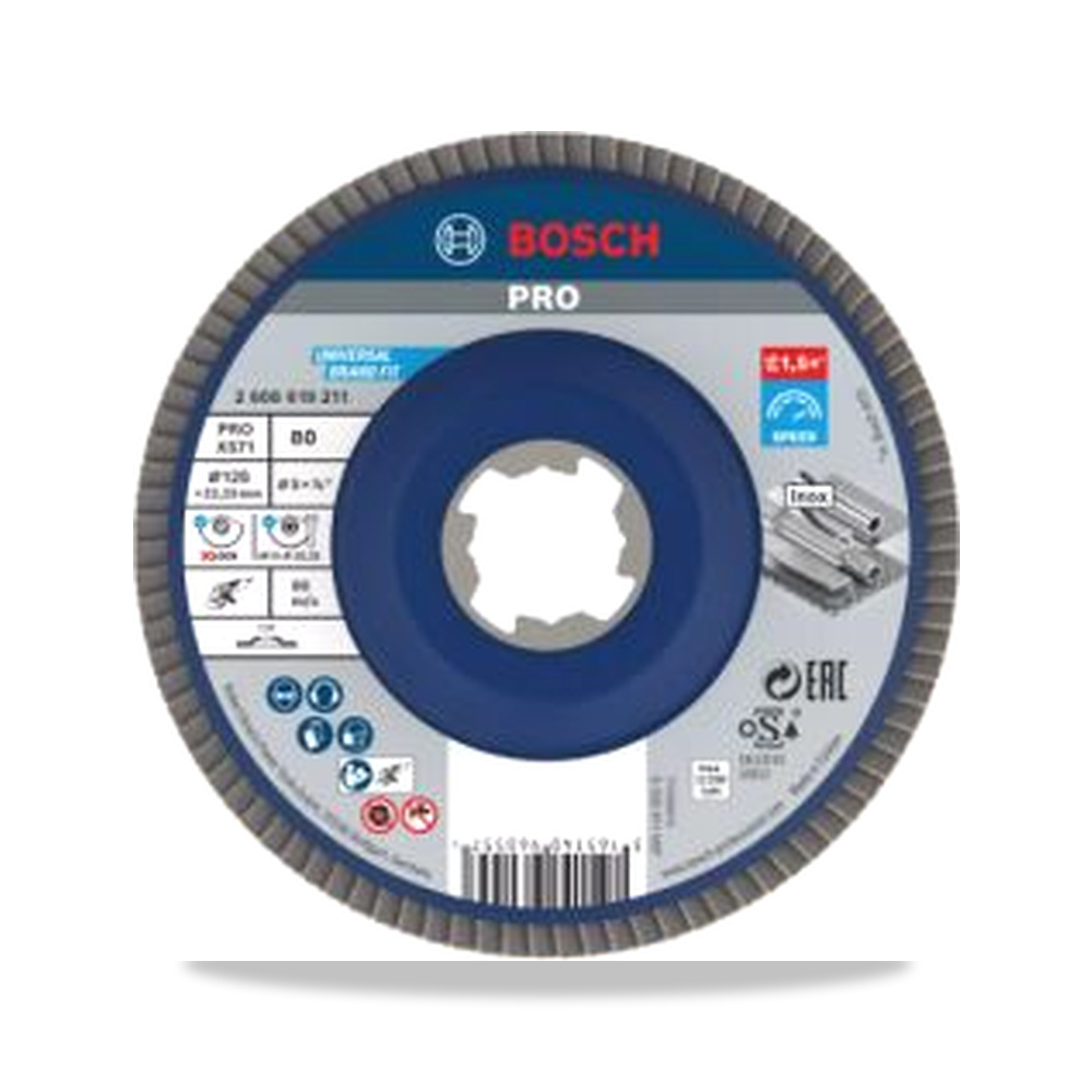 صورة منتج قرص صنفرة وتجليخ مروحية (Flap Disc) قفل أمان ألومنيوم 125 مم Bosch موديل 2608619211 – نوع الخامة Zirconia Aluminium – المقاس P80 - كود الصنف reemco-2027-0265584 - ماركة يباع من خلال reemco - توريد وتصوير حصري لشركة ريمكو القابضة السعودية