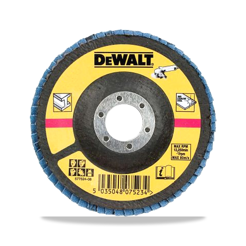 صورة منتج قرص صنفرة وتجليخ مروحية (Flap Disc) 125 مم DeWALT موديل DT3309-QZ – نوع الخامة Zirconium Oxide – المقاس 10 - كود الصنف reemco-2027-0268346 - ماركة يباع من خلال reemco - توريد وتصوير حصري لشركة ريمكو القابضة السعودية