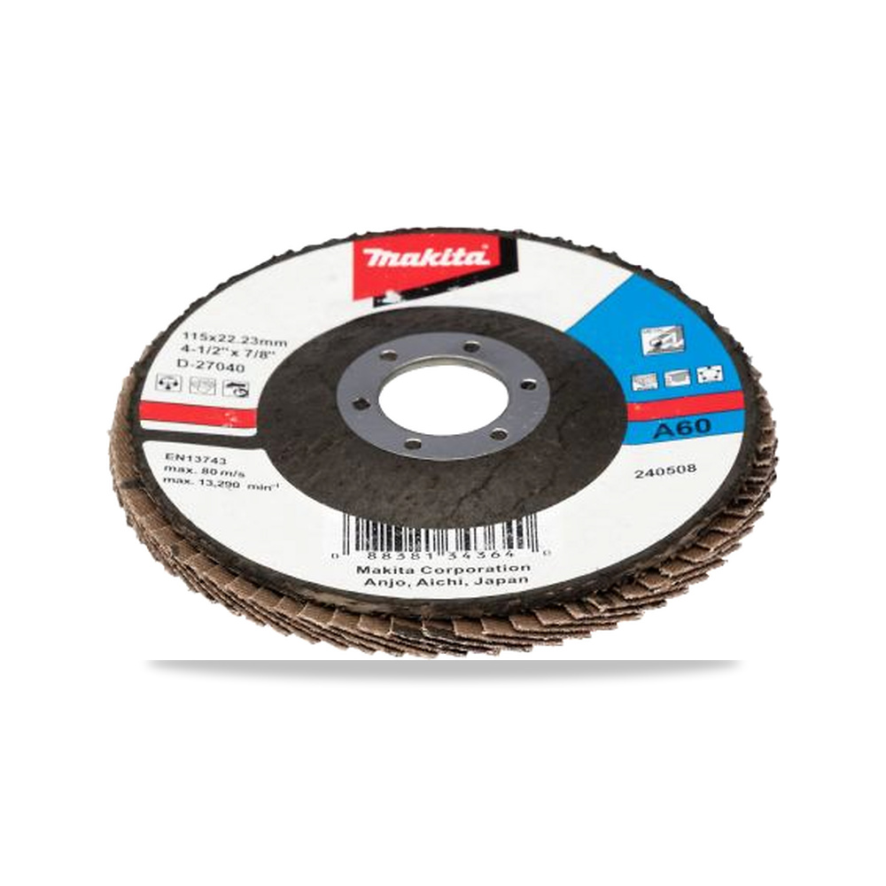 صورة منتج قرص صنفرة وتجليخ مروحية (Flap Disc) ألومنيوم 115 مم Makita موديل D-27040 – نوع الخامة Fibreglass – نوع الخامة Aluminium Oxide - كود الصنف reemco-2027-0313765 - ماركة يباع من خلال reemco - توريد وتصوير حصري لشركة ريمكو القابضة السعودية