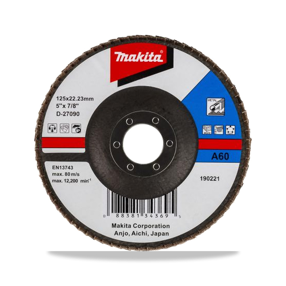 صورة منتج قرص صنفرة وتجليخ مروحية (Flap Disc) ألومنيوم 125 مم Makita موديل D-27090 – نوع الخامة Aluminium Oxide – المقاس 60 - كود الصنف reemco-2027-0313766 - ماركة يباع من خلال reemco - توريد وتصوير حصري لشركة ريمكو القابضة السعودية