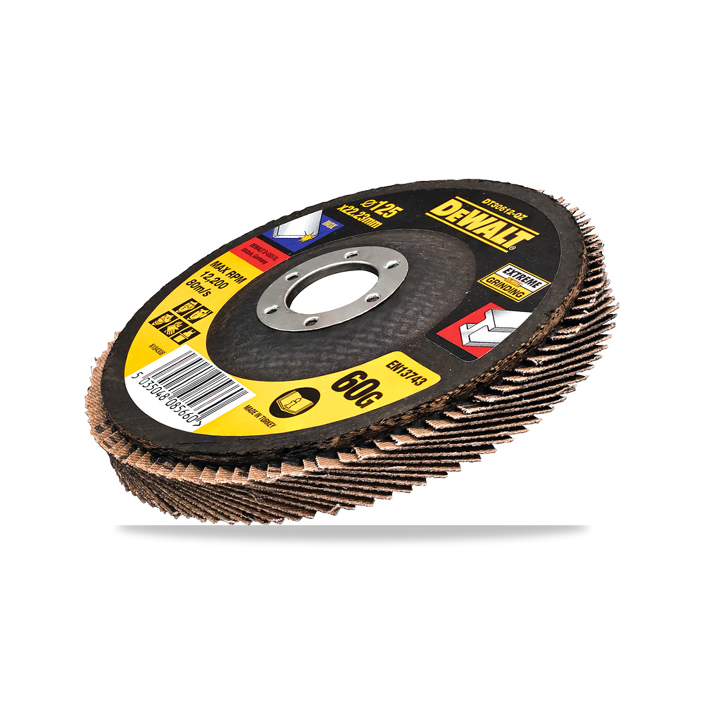 صورة منتج قرص صنفرة وتجليخ مروحية (Flap Disc) عجلة حركة شفرة وسلاح قطع 125 مم 60 جم ديوالت (DeWalt) موديل T27 - كود الصنف reemco-2027-1151033 - ماركة يباع من خلال reemco - توريد وتصوير حصري لشركة ريمكو القابضة السعودية