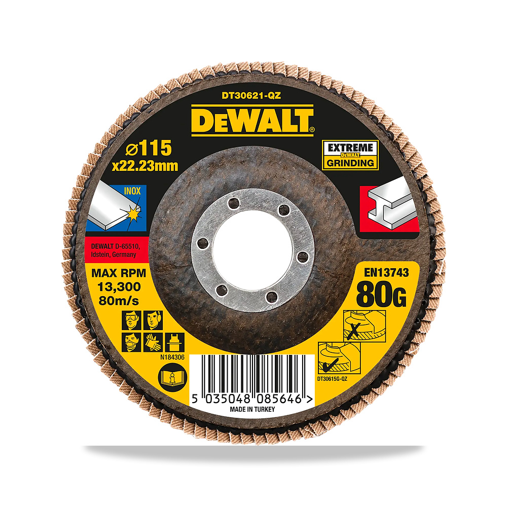 صورة منتج قرص صنفرة وتجليخ مروحية (Flap Disc) عجلة حركة شفرة وسلاح قطع 115 مم 80 جم ديوالت (DeWalt) موديل T27 - كود الصنف reemco-2027-1151188 - ماركة يباع من خلال reemco - توريد وتصوير حصري لشركة ريمكو القابضة السعودية