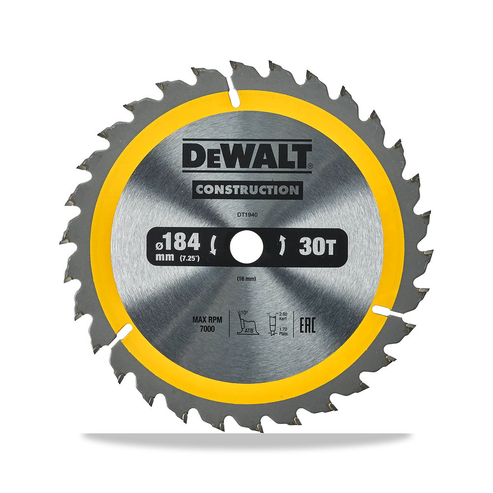 صورة منتج منشار دائري كهربائي محمول شفرة وسلاح قطع 184 مم 16 مم ديوالت (DeWalt) – نوع الخامة Tungsten Carbide – نوع الخامة Carbide – Individual or Set Individual - كود الصنف reemco-2027-1151258 - ماركة يباع من خلال reemco - توريد وتصوير حصري لشركة ريمكو القابضة السعودية