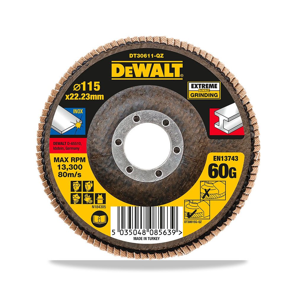صورة منتج قرص صنفرة وتجليخ مروحية (Flap Disc) عجلة حركة شفرة وسلاح قطع 115 مم 60 جم ديوالت (DeWalt) موديل T27 - كود الصنف reemco-2027-1151260 - ماركة يباع من خلال reemco - توريد وتصوير حصري لشركة ريمكو القابضة السعودية