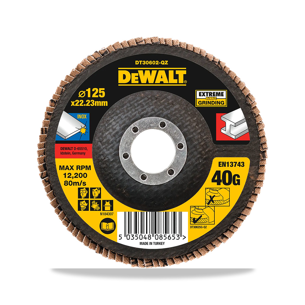 صورة منتج قرص صنفرة وتجليخ مروحية (Flap Disc) عجلة حركة شفرة وسلاح قطع 125 مم 40 جم ديوالت (DeWalt) موديل T27 - كود الصنف reemco-2027-1151282 - ماركة يباع من خلال reemco - توريد وتصوير حصري لشركة ريمكو القابضة السعودية