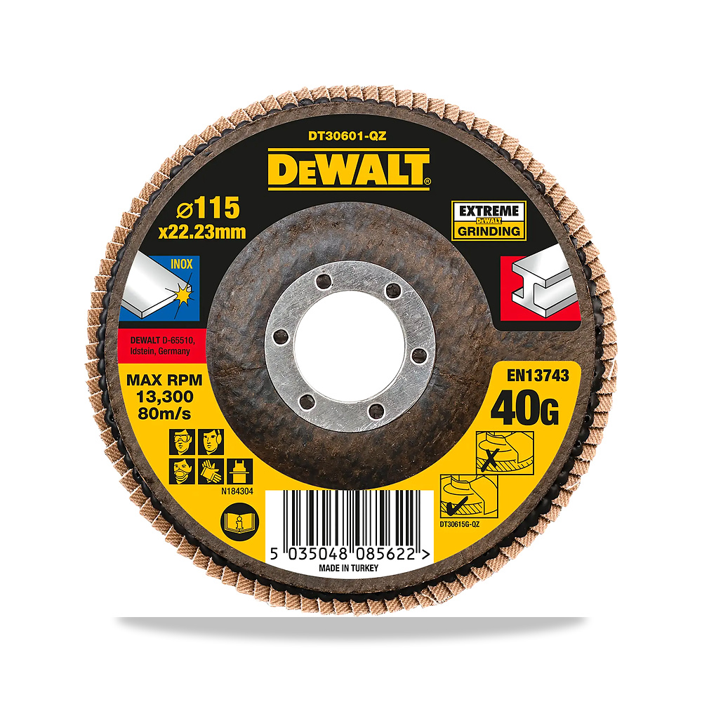 صورة منتج قرص صنفرة وتجليخ مروحية (Flap Disc) عجلة حركة شفرة وسلاح قطع 115 مم 40 جم ديوالت (DeWalt) موديل T27 - كود الصنف reemco-2027-1151344 - ماركة يباع من خلال reemco - توريد وتصوير حصري لشركة ريمكو القابضة السعودية