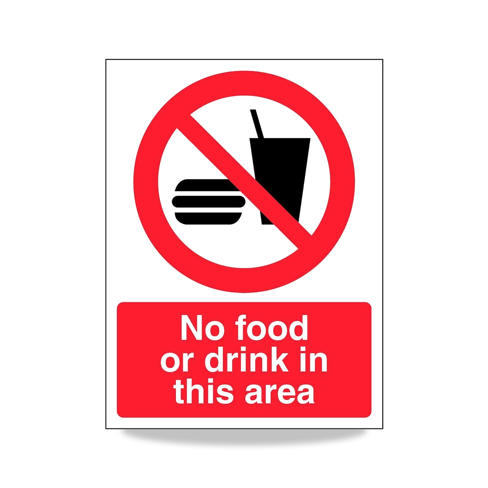 صورة منتج لافتة سلامة بلاستيكية صلبة مقاس 150 × 200 ملم من لا طعام أو Drink في هذا Area – 150 × 200 مم – اللون ابيض - كود الصنف reemco-2027-1390517 - ماركة يباع من خلال reemco - توريد وتصوير حصري لشركة ريمكو القابضة السعودية