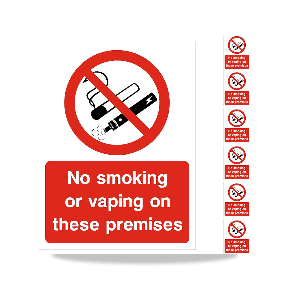 صورة منتج ملصقات لافتة بعبارة «No Smoking No Vaping»، عبوة من 6 قطع مقاس 100 ملم × 75 ملم – للصحة والسلامة، لافتات - كود الصنف reemco-2027-1391517 - ماركة يباع من خلال reemco - توريد وتصوير حصري لشركة ريمكو القابضة السعودية
