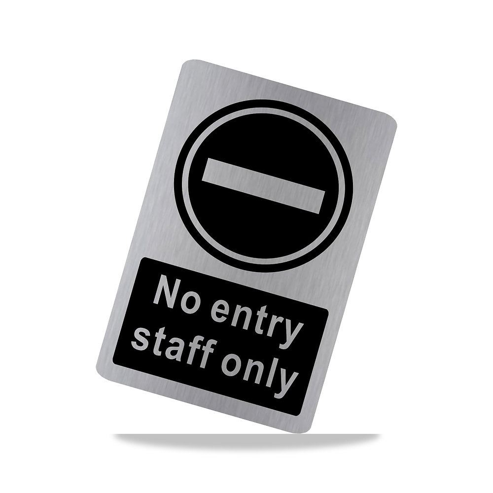 صورة منتج لافتة معدنية بعبارة No Entry Staff Only مصنوعة من الالومنيوم المصقول من القصدير الفضي لتحذير الباب للمستودع - كود الصنف reemco-2027-1391649 - ماركة يباع من خلال reemco - توريد وتصوير حصري لشركة ريمكو القابضة السعودية
