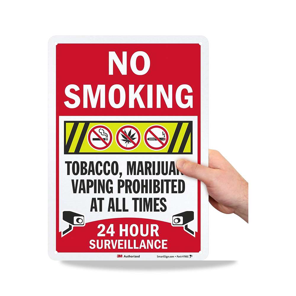 صورة منتج لافتة “No Smoking – Tobacco, Vaping Prohibited, 24 Hour Surveillance” – 10 انش × 14 انش من الالومنيوم العاكس - كود الصنف reemco-2027-1392368 - ماركة يباع من خلال reemco - توريد وتصوير حصري لشركة ريمكو القابضة السعودية