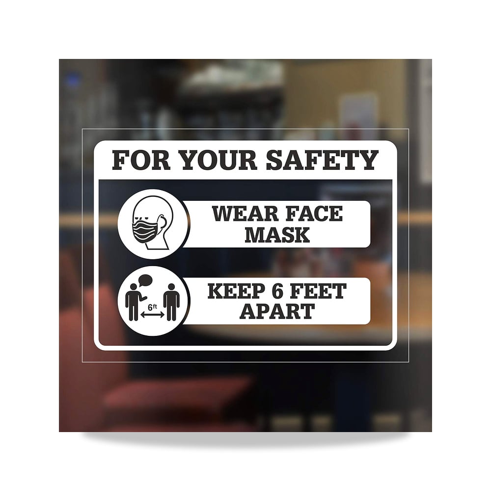 صورة منتج ملصق نافذة مطبوع عليه عبارة “for Your Safety – Wear Face Mask, Keep 6 Feet Apart” – 5 انش × 7 انش من الفينيل - كود الصنف reemco-2027-1392870 - ماركة يباع من خلال reemco - توريد وتصوير حصري لشركة ريمكو القابضة السعودية