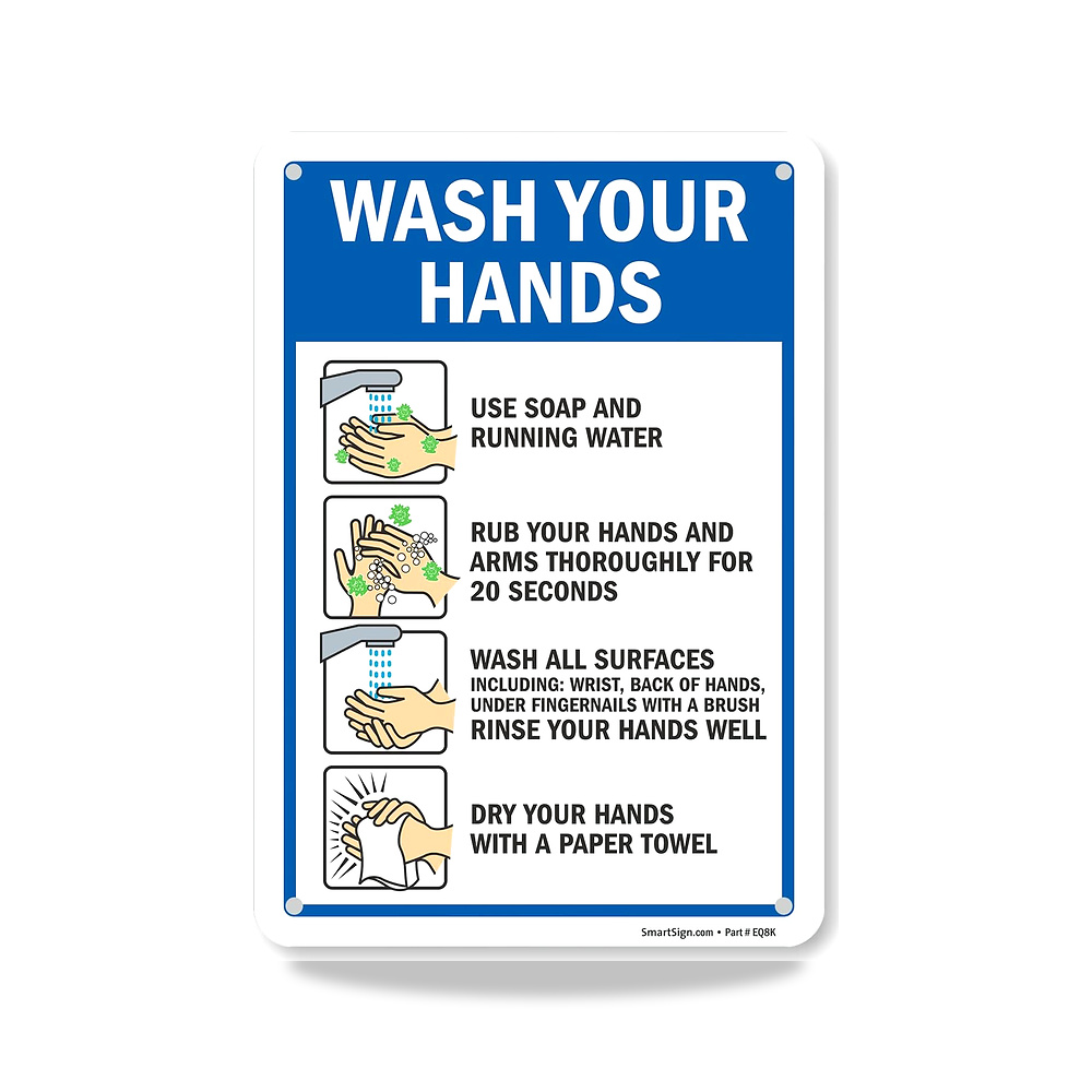 صورة منتج لافتة معدنية 10 × 7 انش بعبارة «Wash Your Hands» مع تعليمات، مطبوعة بالشاشة، 40 مل مغلفة من الالومنيوم - كود الصنف reemco-2027-1393711 - ماركة يباع من خلال reemco - توريد وتصوير حصري لشركة ريمكو القابضة السعودية