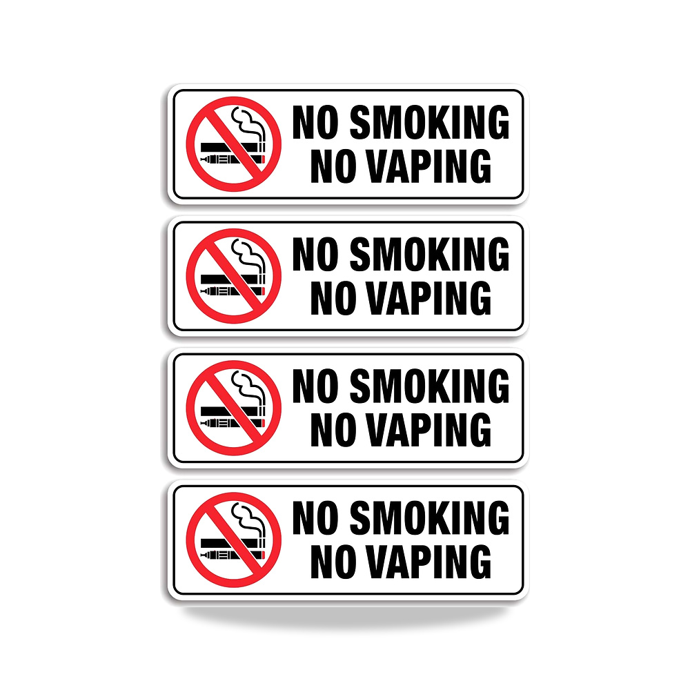 صورة منتج لافتة بعبارة No Smoking No Vaping (4 عبوات) 9 × 3 انش، ذاتية اللصق، تستخدم للمنزل والمكتب والاعمال، سهلة - كود الصنف reemco-2027-1393775 - ماركة يباع من خلال reemco - توريد وتصوير حصري لشركة ريمكو القابضة السعودية