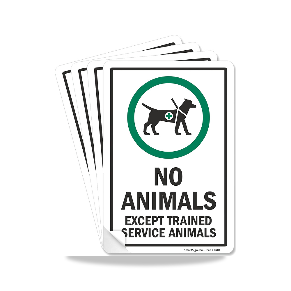 صورة منتج ملصق “No Animals Except Trained Service Animals” – 5 انش × 7 انش بوليستر مع لاصق سوبر ستيك، عبوة من 4 قطع - كود الصنف reemco-2027-1393899 - ماركة يباع من خلال reemco - توريد وتصوير حصري لشركة ريمكو القابضة السعودية