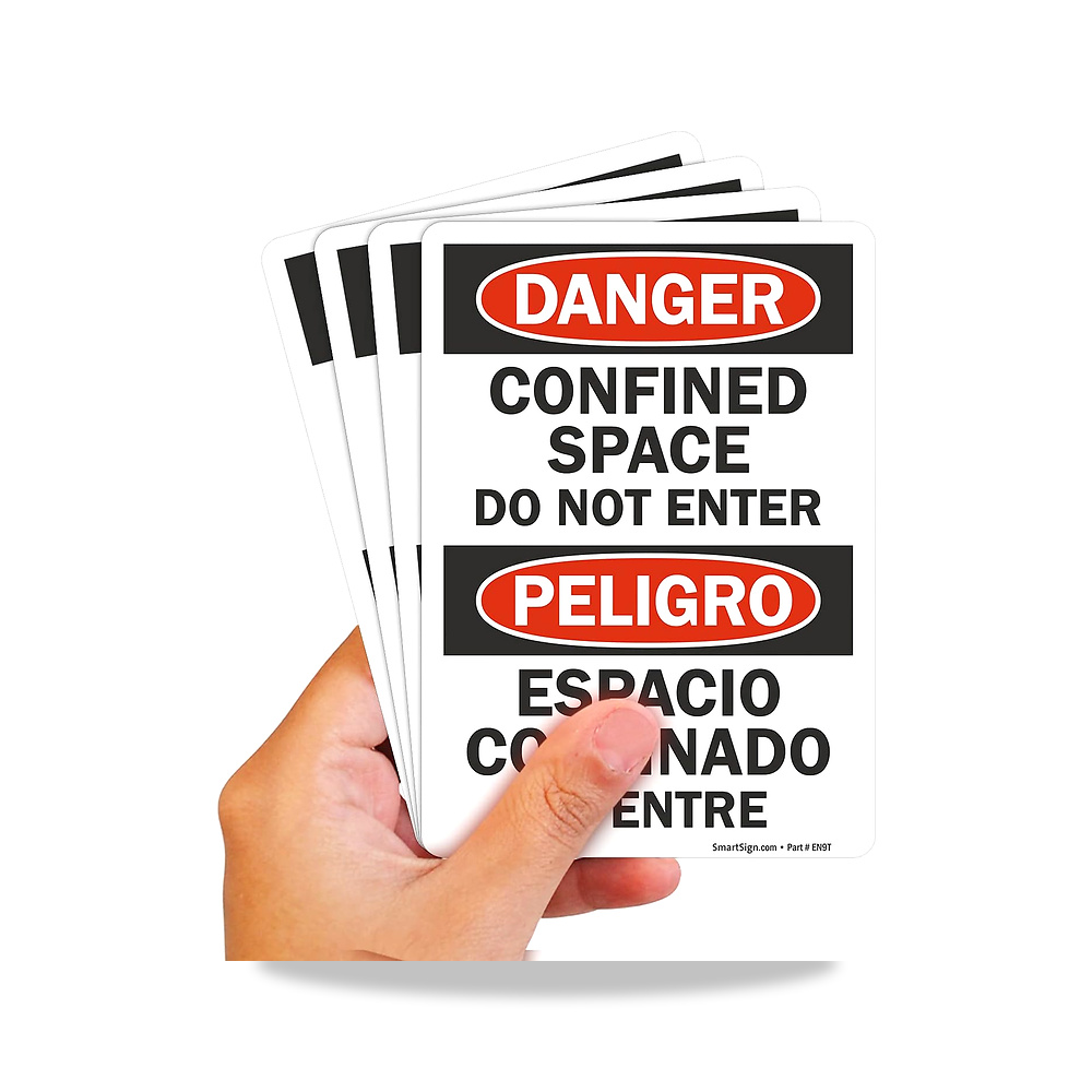 صورة منتج ملصق ثنائي اللغة من البوليستر “Danger – Confined Space Do Not Enter” مع لاصق سوبر ستيك، عبوة من 4 قطع - كود الصنف reemco-2027-1393909 - ماركة يباع من خلال reemco - توريد وتصوير حصري لشركة ريمكو القابضة السعودية