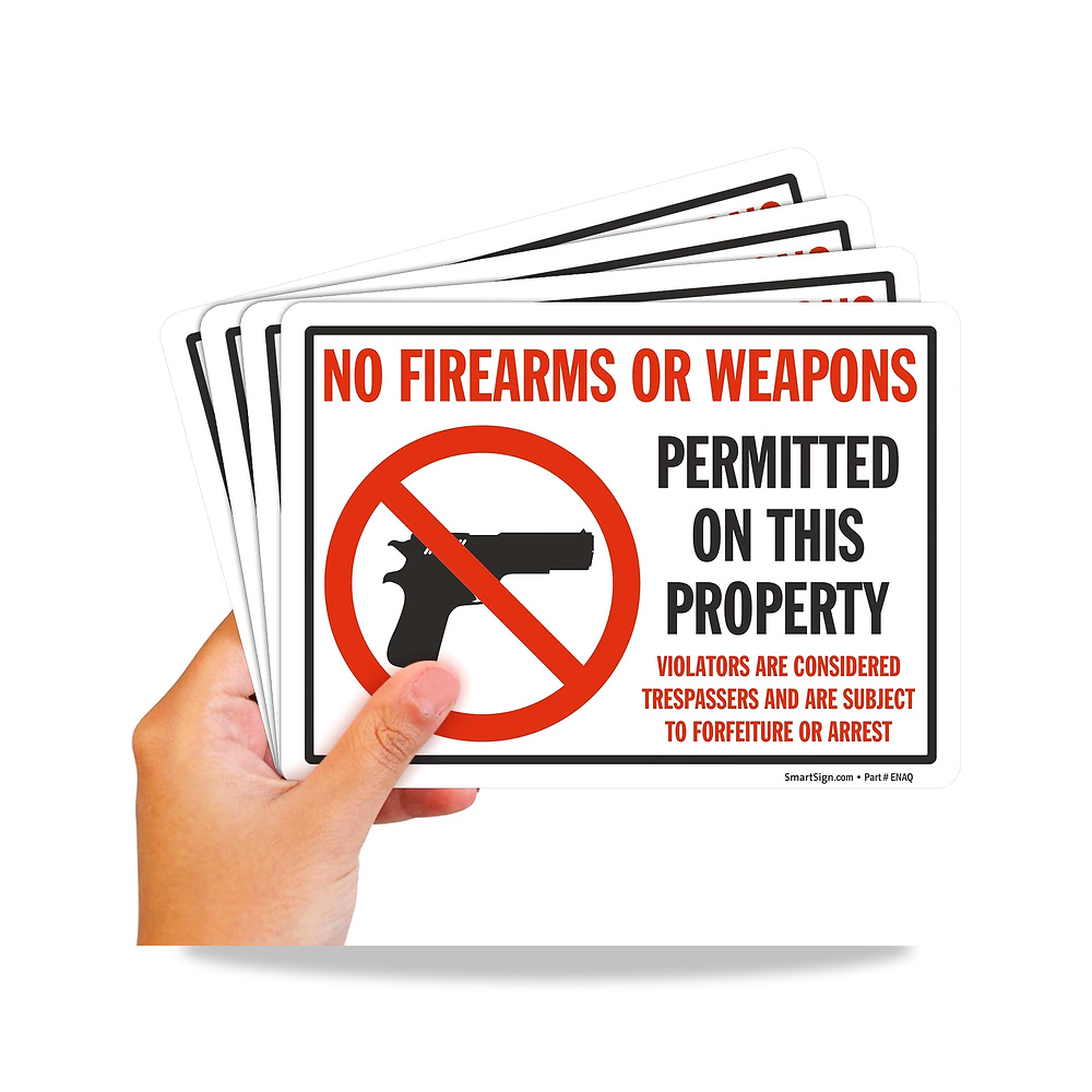 صورة منتج ملصق مطبوع عليه عبارة “No Firearms Or On Property – Violators are Trespassers” – 5 انش × 7 انش بوليستر - كود الصنف reemco-2027-1393911 - ماركة يباع من خلال reemco - توريد وتصوير حصري لشركة ريمكو القابضة السعودية
