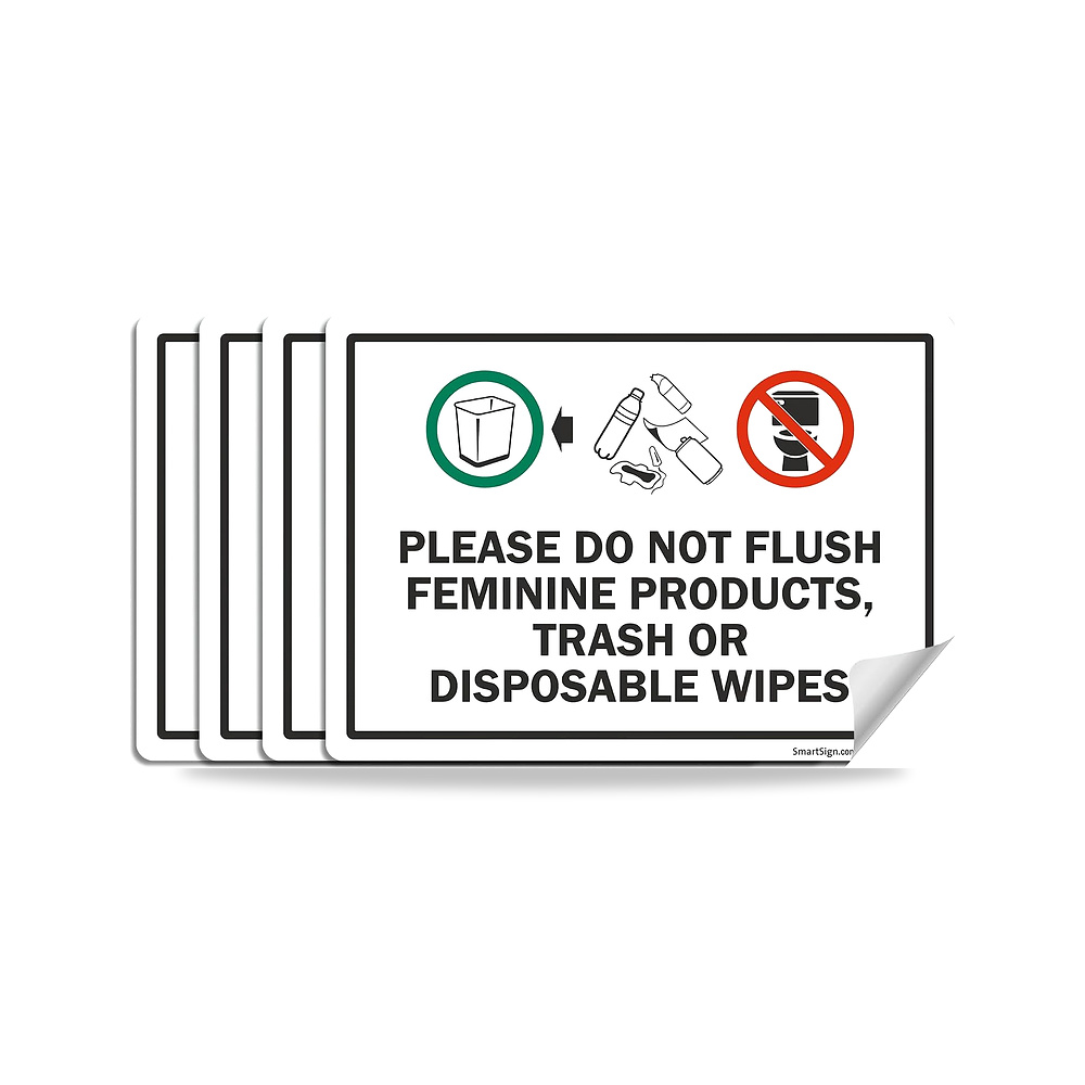 صورة منتج 5 × 7 انش ملصقات “Please Do Not Flush Feminine Products, Trash Or Disposable wipes” مع رموز – (عبوة من 4 قطع) - كود الصنف reemco-2027-1393912 - ماركة يباع من خلال reemco - توريد وتصوير حصري لشركة ريمكو القابضة السعودية