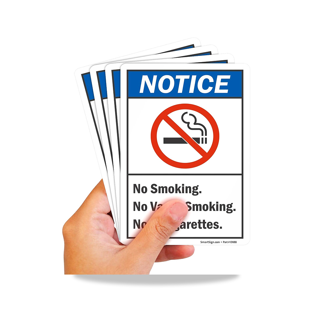 صورة منتج ملصق مطبوع عليه عبارة “Notice – No Smoking No Vapor Smokking No E-Cigarettes” – 5 انش × 7 انش بوليستر - كود الصنف reemco-2027-1393916 - ماركة يباع من خلال reemco - توريد وتصوير حصري لشركة ريمكو القابضة السعودية