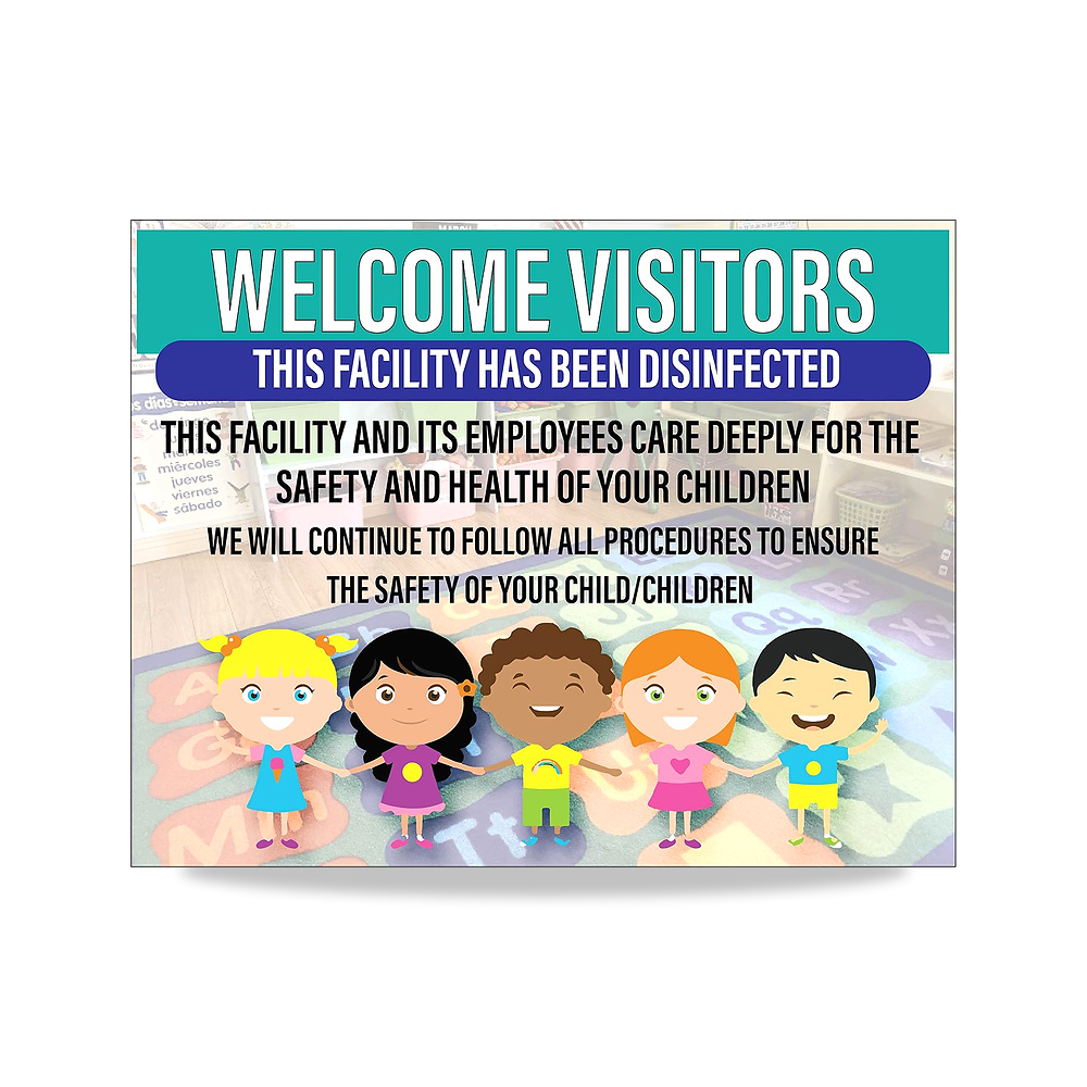 صورة منتج ملصق فينيل لاصق متين مطبوع عليه عبارة “Welcome Visitors: Day Care Facility Disinfected” – لافتة 11 × 8 انش - كود الصنف reemco-2027-1393933 - ماركة يباع من خلال reemco - توريد وتصوير حصري لشركة ريمكو القابضة السعودية