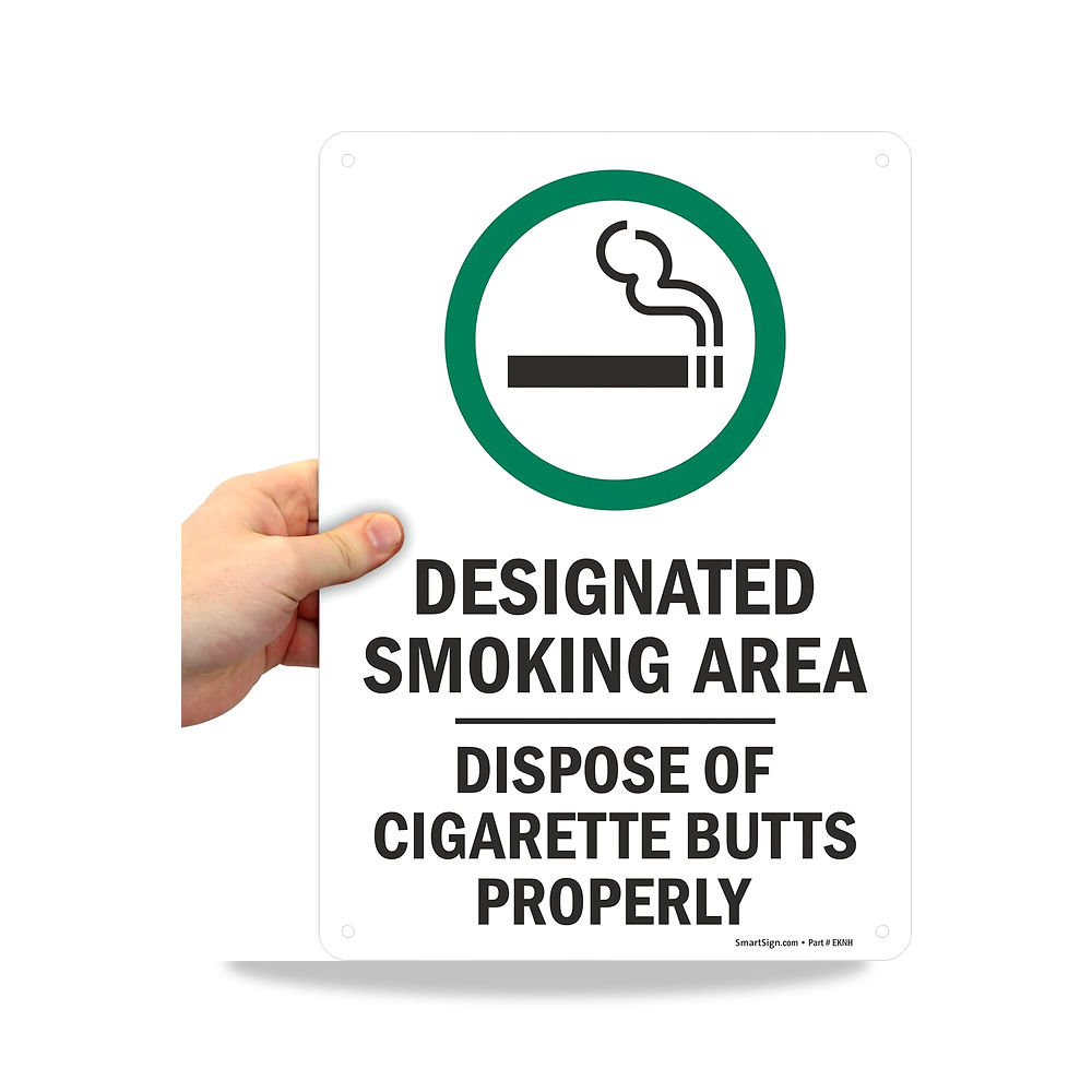 صورة منتج لافتة معدنية مقاس 14 × 10 انش بعبارة “Designated Smoking Area – Dispose Of Cigarette Butts Properly”، 40 مل - كود الصنف reemco-2027-1394168 - ماركة يباع من خلال reemco - توريد وتصوير حصري لشركة ريمكو القابضة السعودية