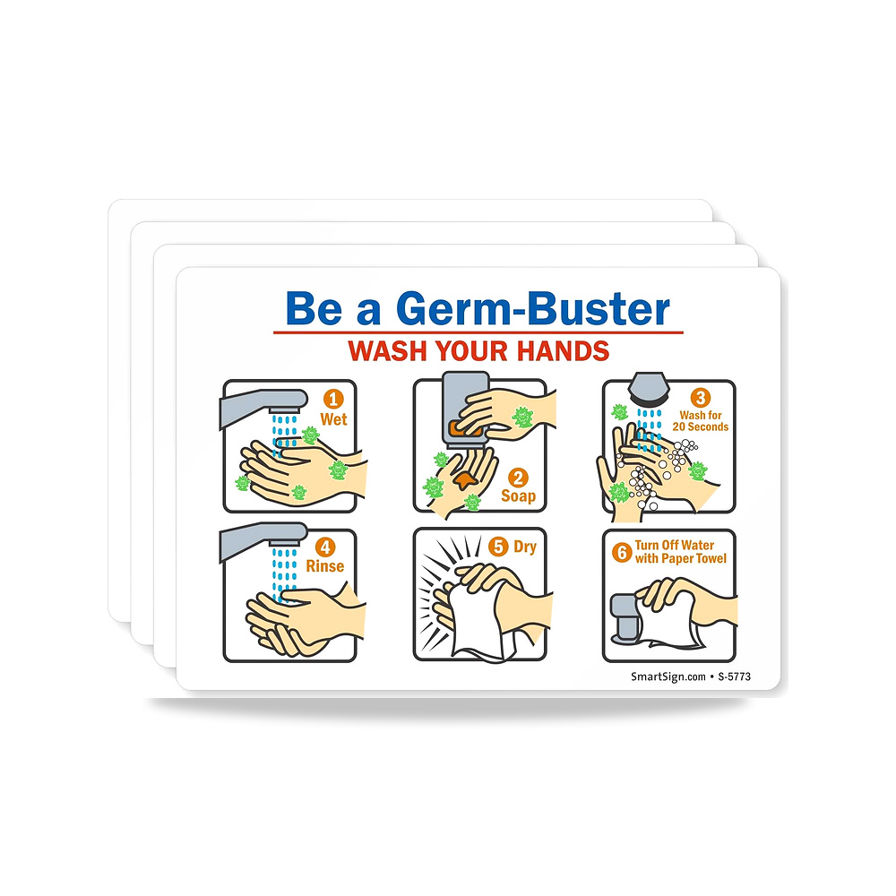 صورة منتج ملصق غسيل اليدين بعبارة “Be A Germ-Buster – Wash Your Hands” – 3.5 انش × 5 انش من الفينيل المعزول، عبوة من 4 قطع - كود الصنف reemco-2027-1394204 - ماركة يباع من خلال reemco - توريد وتصوير حصري لشركة ريمكو القابضة السعودية