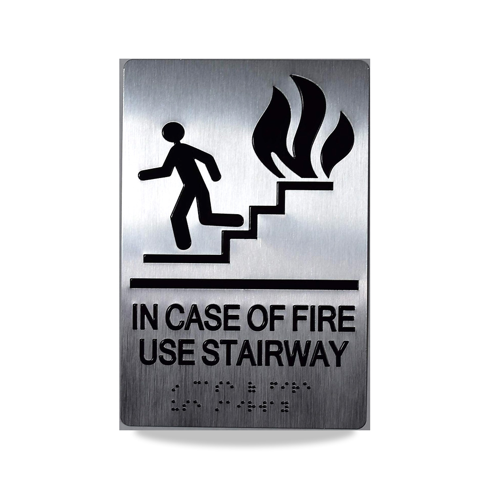 صورة منتج لافتة درج بتصميم عبارة in CASE of FIRE USE – تعمل باللمس مع برايل – (الومنيوم، فضي، مقاس 6 × 9) – ذا سينسيشن لاين - كود الصنف reemco-2027-1394486 - ماركة يباع من خلال reemco - توريد وتصوير حصري لشركة ريمكو القابضة السعودية