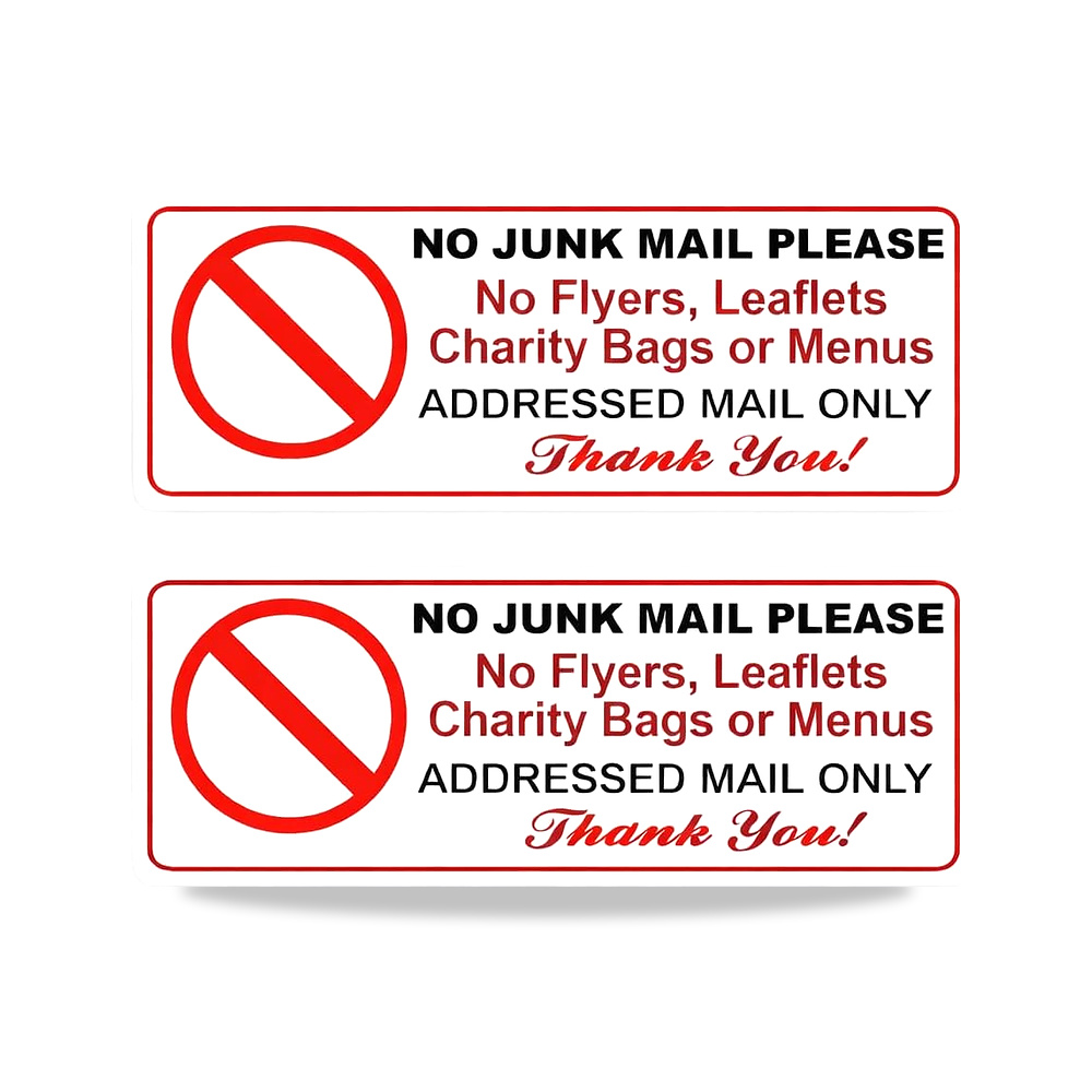 صورة منتج 2 × ملصق لافتة تحذير بعبارة No Junk Mail Leaflets Flyers Addressed Only Door! دعم ذاتي اللصق بعرض 150 ملم × - كود الصنف reemco-2027-1394624 - ماركة يباع من خلال reemco - توريد وتصوير حصري لشركة ريمكو القابضة السعودية