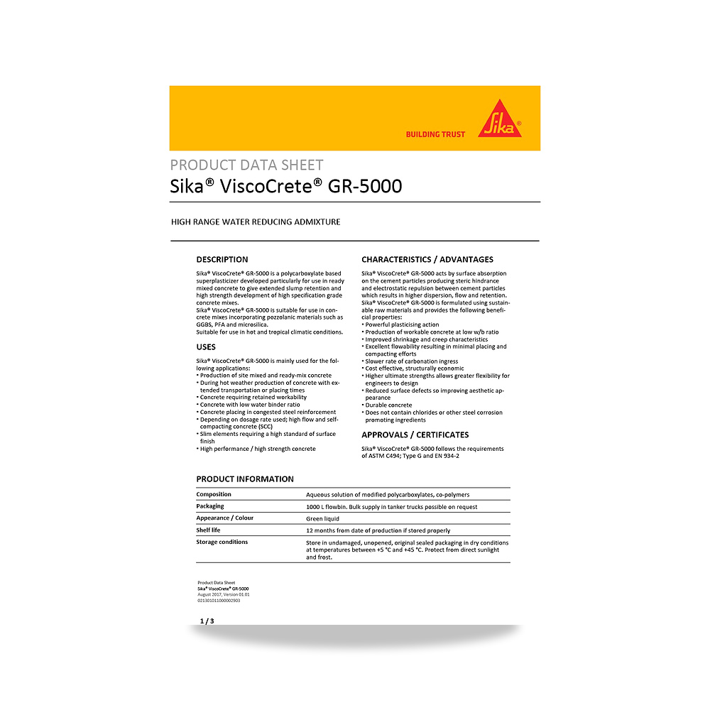صورة منتج إضافة خرسانية لتحسين الخواص وتقليل المياه (Admixture) سيكا (Sika) موديل Sika ViscoCrete GR-5000 - كود الصنف reemco-2027-1443909 - ماركة يباع من خلال reemco - توريد وتصوير حصري لشركة ريمكو القابضة السعودية