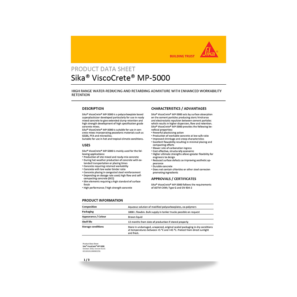 صورة منتج إضافة خرسانية لتحسين الخواص وتقليل المياه (Admixture) سيكا (Sika) موديل Sika ViscoCrete MP-5000 - كود الصنف reemco-2027-1443910 - ماركة يباع من خلال reemco - توريد وتصوير حصري لشركة ريمكو القابضة السعودية
