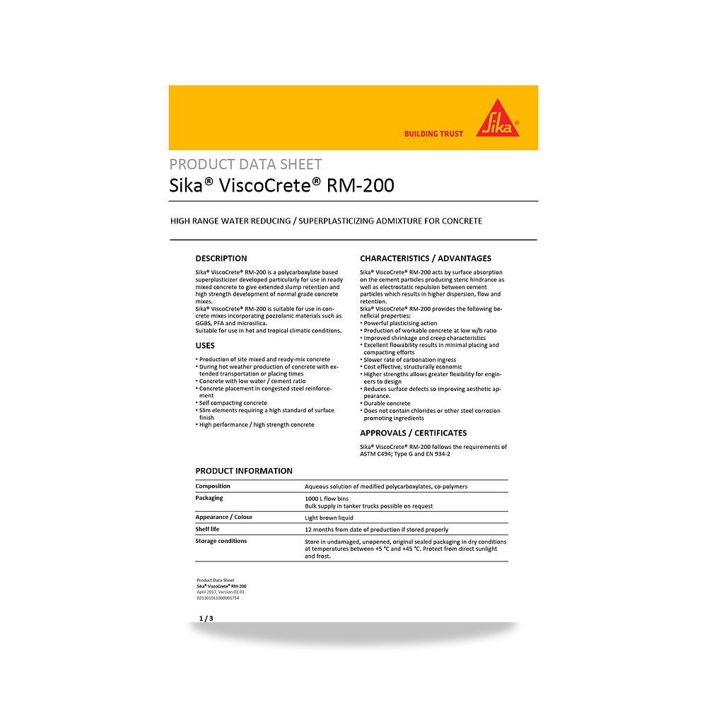 صورة منتج إضافة خرسانية لتحسين الخواص وتقليل المياه (Admixture) سيكا (Sika) موديل Sika ViscoCrete RM-200 - كود الصنف reemco-2027-1443913 - ماركة يباع من خلال reemco - توريد وتصوير حصري لشركة ريمكو القابضة السعودية