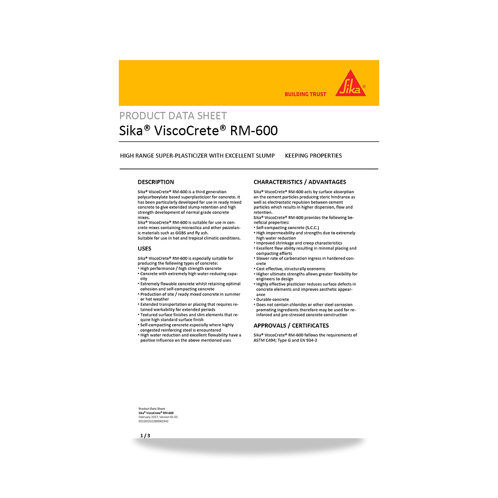 صورة منتج إضافة خرسانية لتحسين الخواص وتقليل المياه (Admixture) سيكا (Sika) موديل Sika ViscoCrete RM-600 - كود الصنف reemco-2027-1443914 - ماركة يباع من خلال reemco - توريد وتصوير حصري لشركة ريمكو القابضة السعودية