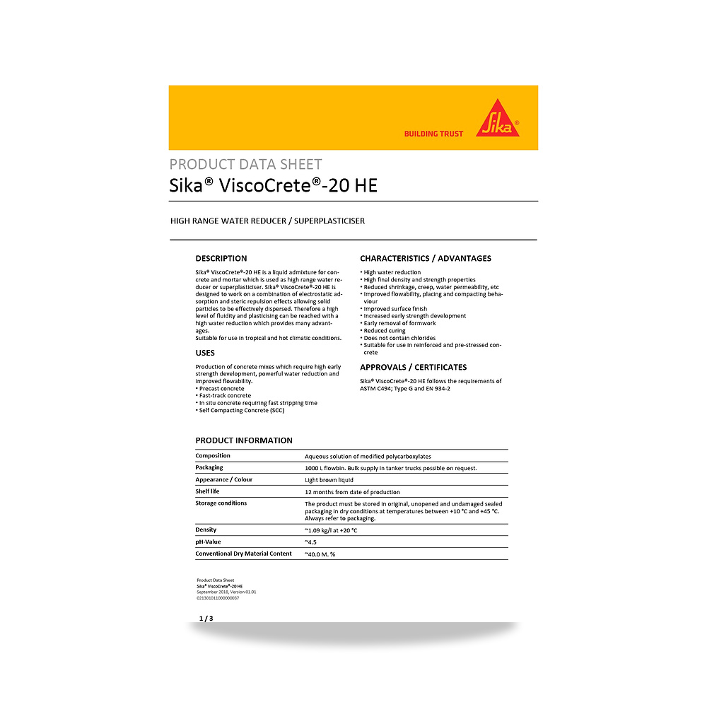 صورة منتج إضافة خرسانية لتحسين الخواص وتقليل المياه (Admixture) سيكا (Sika) موديل Sika ViscoCrete-20 HE - كود الصنف reemco-2027-1443921 - ماركة يباع من خلال reemco - توريد وتصوير حصري لشركة ريمكو القابضة السعودية