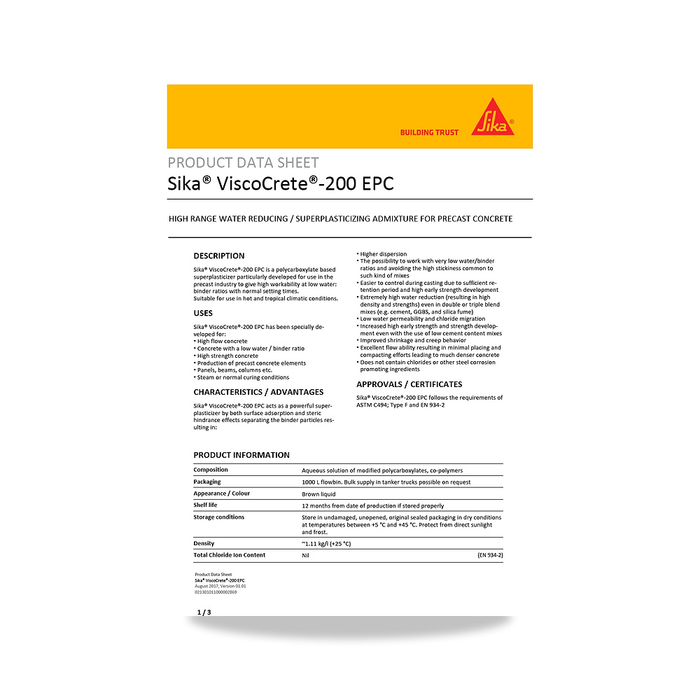 صورة منتج إضافة خرسانية لتحسين الخواص وتقليل المياه (Admixture) سيكا (Sika) موديل Sika ViscoCrete-200 EPC - كود الصنف reemco-2027-1443922 - ماركة يباع من خلال reemco - توريد وتصوير حصري لشركة ريمكو القابضة السعودية