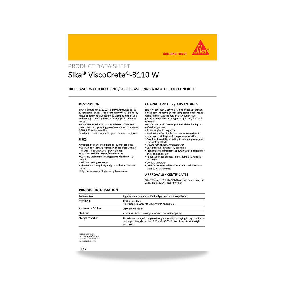 صورة منتج إضافة خرسانية لتحسين الخواص وتقليل المياه (Admixture) سيكا (Sika) موديل Sika ViscoCrete-3110 W - كود الصنف reemco-2027-1443925 - ماركة يباع من خلال reemco - توريد وتصوير حصري لشركة ريمكو القابضة السعودية