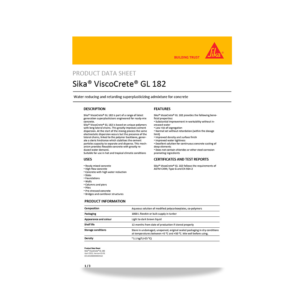 صورة منتج إضافة خرسانية لتحسين الخواص وتقليل المياه (Admixture) سيكا (Sika) موديل Sika ViscoCrete GL 182 - كود الصنف reemco-2027-1443973 - ماركة يباع من خلال reemco - توريد وتصوير حصري لشركة ريمكو القابضة السعودية