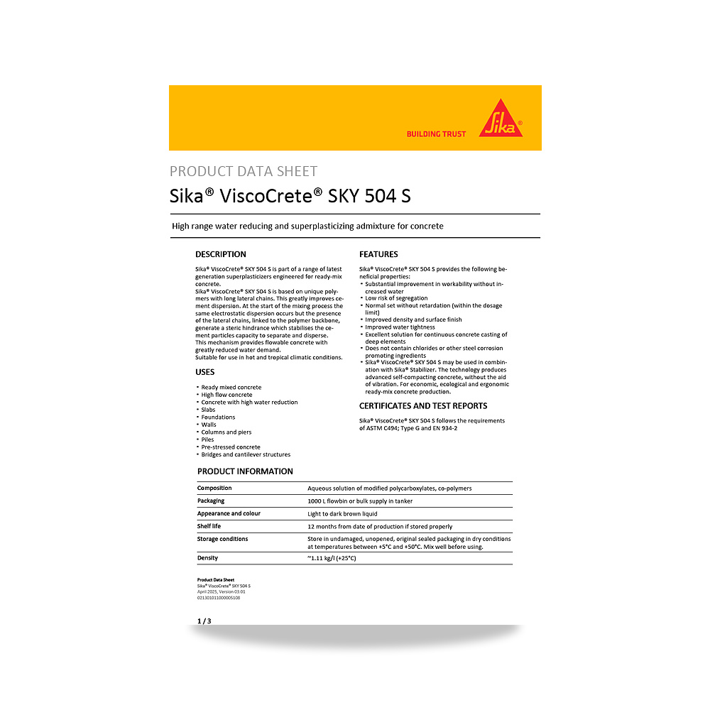 صورة منتج إضافة خرسانية لتحسين الخواص وتقليل المياه (Admixture) سيكا (Sika) موديل Sika ViscoCrete SKY 504 S - كود الصنف reemco-2027-1443983 - ماركة يباع من خلال reemco - توريد وتصوير حصري لشركة ريمكو القابضة السعودية