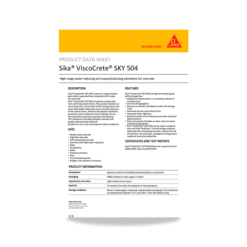 صورة منتج إضافة خرسانية لتحسين الخواص وتقليل المياه (Admixture) سيكا (Sika) موديل Sika ViscoCrete SKY 504 - كود الصنف reemco-2027-1443985 - ماركة يباع من خلال reemco - توريد وتصوير حصري لشركة ريمكو القابضة السعودية