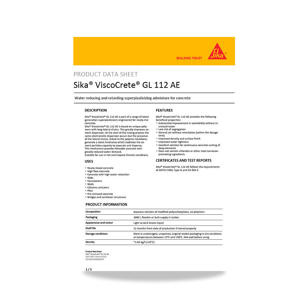 صورة منتج إضافة خرسانية لتحسين الخواص وتقليل المياه (Admixture) سيكا (Sika) موديل Sika ViscoCrete GL 112 AE - كود الصنف reemco-2027-1443986 - ماركة يباع من خلال reemco - توريد وتصوير حصري لشركة ريمكو القابضة السعودية