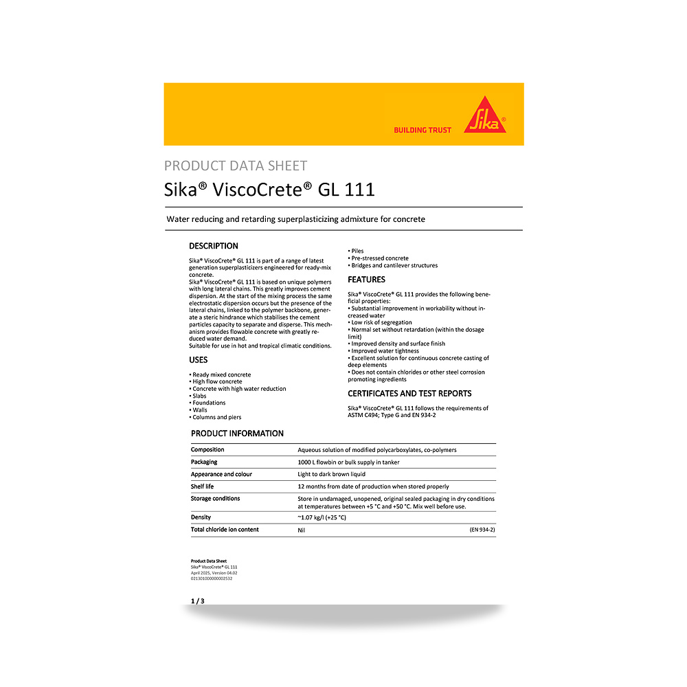 صورة منتج إضافة خرسانية لتحسين الخواص وتقليل المياه (Admixture) سيكا (Sika) موديل Sika ViscoCrete GL 111 - كود الصنف reemco-2027-1443989 - ماركة يباع من خلال reemco - توريد وتصوير حصري لشركة ريمكو القابضة السعودية