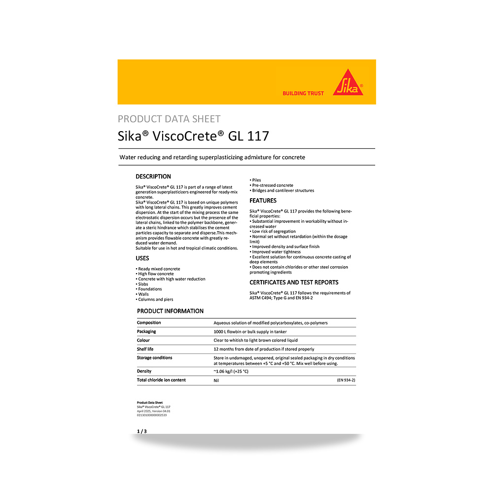 صورة منتج إضافة خرسانية لتحسين الخواص وتقليل المياه (Admixture) سيكا (Sika) موديل Sika ViscoCrete GL 117 - كود الصنف reemco-2027-1443990 - ماركة يباع من خلال reemco - توريد وتصوير حصري لشركة ريمكو القابضة السعودية