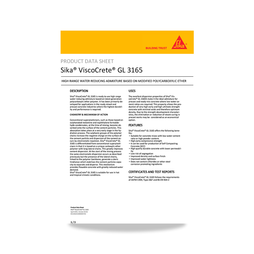 صورة منتج إضافة خرسانية لتحسين الخواص وتقليل المياه (Admixture) سيكا (Sika) موديل Sika ViscoCrete GL 3165 - كود الصنف reemco-2027-1444013 - ماركة يباع من خلال reemco - توريد وتصوير حصري لشركة ريمكو القابضة السعودية