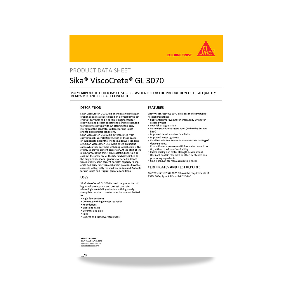 صورة منتج إضافة خرسانية لتحسين الخواص وتقليل المياه (Admixture) سيكا (Sika) موديل Sika ViscoCrete GL 3070 - كود الصنف reemco-2027-1444014 - ماركة يباع من خلال reemco - توريد وتصوير حصري لشركة ريمكو القابضة السعودية