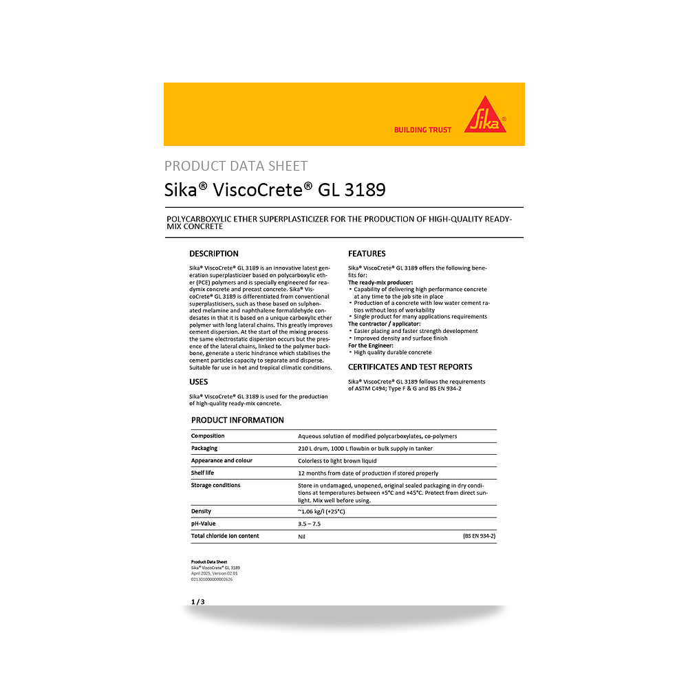 صورة منتج إضافة خرسانية لتحسين الخواص وتقليل المياه (Admixture) سيكا (Sika) موديل Sika ViscoCrete GL 3189 - كود الصنف reemco-2027-1444015 - ماركة يباع من خلال reemco - توريد وتصوير حصري لشركة ريمكو القابضة السعودية