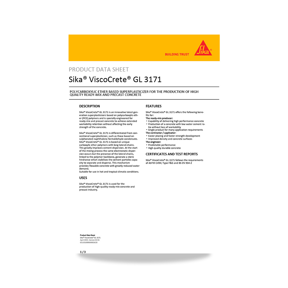 صورة منتج إضافة خرسانية لتحسين الخواص وتقليل المياه (Admixture) سيكا (Sika) موديل Sika ViscoCrete GL 3171 - كود الصنف reemco-2027-1444016 - ماركة يباع من خلال reemco - توريد وتصوير حصري لشركة ريمكو القابضة السعودية